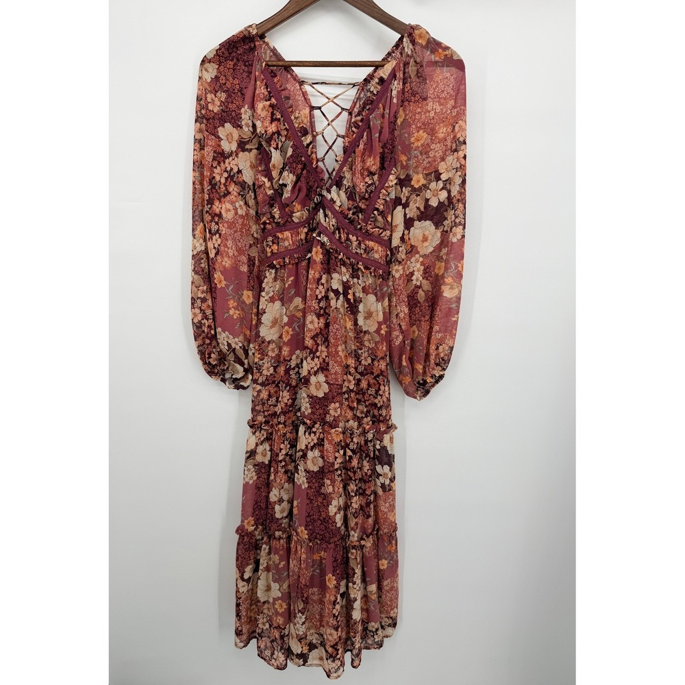 Altar'd State Maxi Dress Womens S Burgundy Floral Good Lace-up Ruffle Tiered
